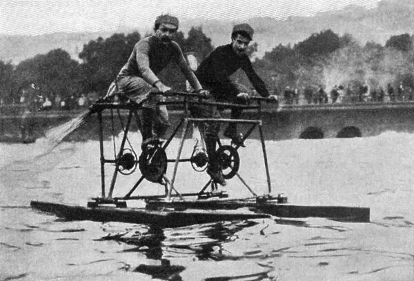 HYDROCYCLE, 1912. The Moretti brothers of Milan, Italy, on their tandem hydrocycle