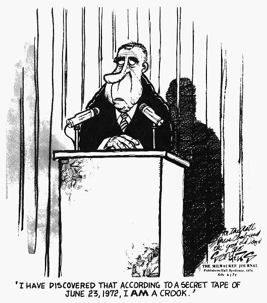 I Have Discovered That According to a Secret Tape of June 23, 1972, I AM a Crook. Cartoon by Bill Sanders for the Milwaukee Journal, 6 August 1974