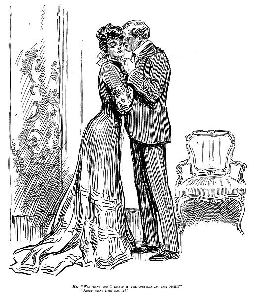 Was that you I kissed in the conservatory last night? Pen and ink drawing by Charles Dana Gibson, 1903