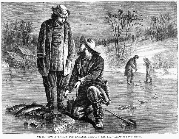 ICE FISHING. 1868. Winter sports - fishing for pickerel through the ice. Engraving