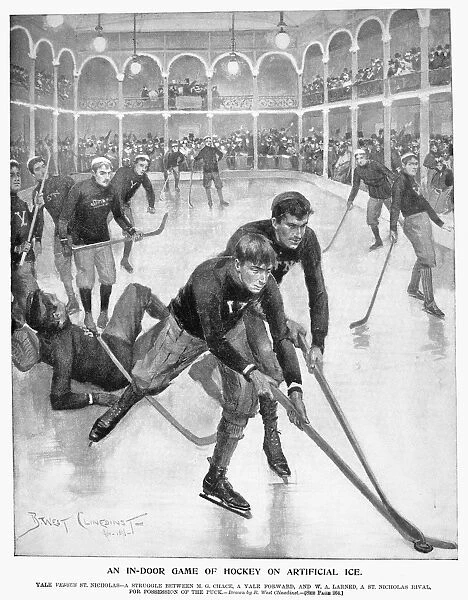 ICE HOCKEY, 1896. An in-door game of hockey on artificial ice. Yale vs St. Nicholas at the St