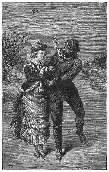 ICE SKATING, 19TH CENTURY. A couple ice skating. Line engraving, 19th century