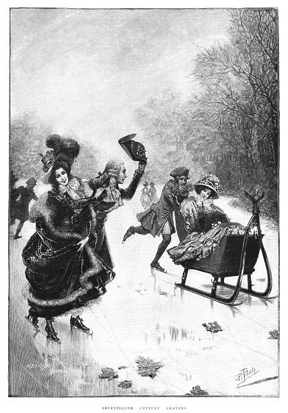 ICE SKATING. Seventeeth century skaters. Offset lithograph, 1897