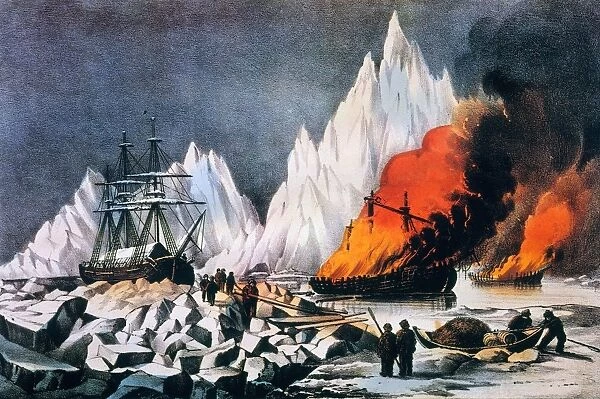 ICE TRAPPED WHALERS. American Whalers Crushed in the Ice - Burning the Wrecks to Avoid Danger to Other Vessels. Undated lithograph by Currier & Ives