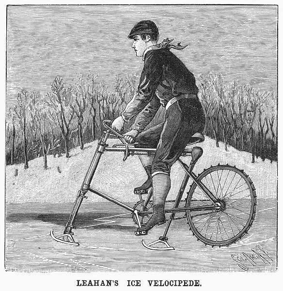 ICE VELOCIPEDE, 1896. Leahans ice velocipede. Engraving, American, 1896