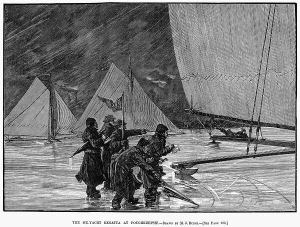 ICE YACHTING, 1884. Ice yacht regatta at Poughkeepsie, New York. Wood engraving, American, 1884, after a drawing by Milton J. Burns