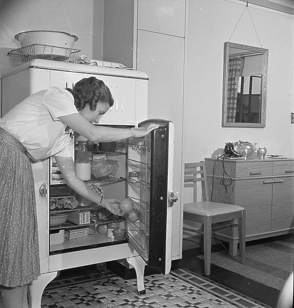 ICEBOX, 1942. A woman takes an orange out of an icebox in her in Greenbelt, Mississippi