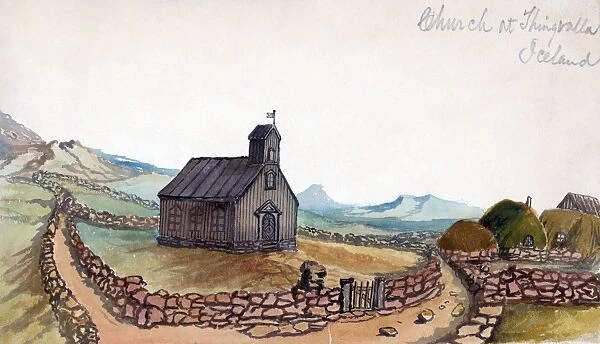 ICELAND, 1862. A church in Thingvellir, Iceland. Drawing by Bayard Taylor, 1862