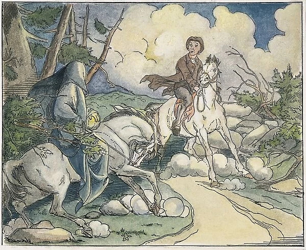 Ichabod Crane encounters the Headless Horseman: etching, 1849, by Felix O. C. Darley for The Legend of Sleepy Hollow by Washington Irving