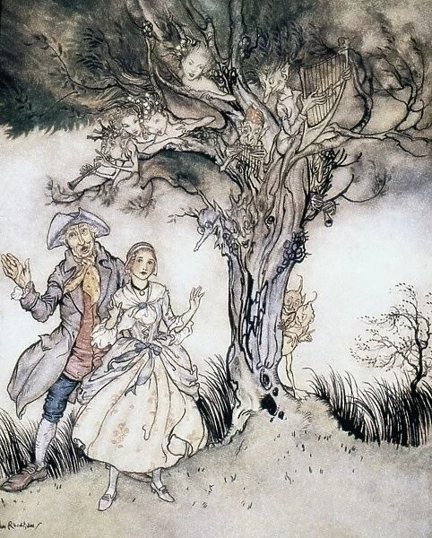 ICHABOD CRANE AND KATRINA. Watercolor by Arthur Rackham for Washington Irving s