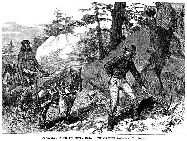 ILLEGAL PROSPECTING, 1879. A prospector caught illegally searching for gold on a Ute Native American reservation in the Utah Territory. Wood engraving, American, 1879, after a drawing by W. A. Rogers