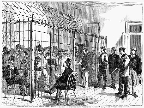 ILLEGAL VOTERS, 1876. Alleged illegal voters behind bars on Election Day in New York City, 1876. Contemporary American wood engraving