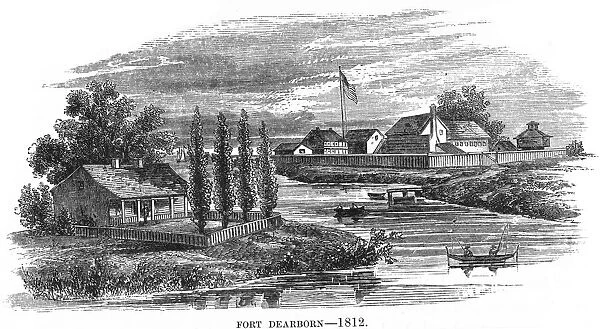 ILLINOIS: FORT DEARBORN. Fort Dearborn, on the site of Chicago, Illinois, as it looked in 1812. Wood engraving, 19th century