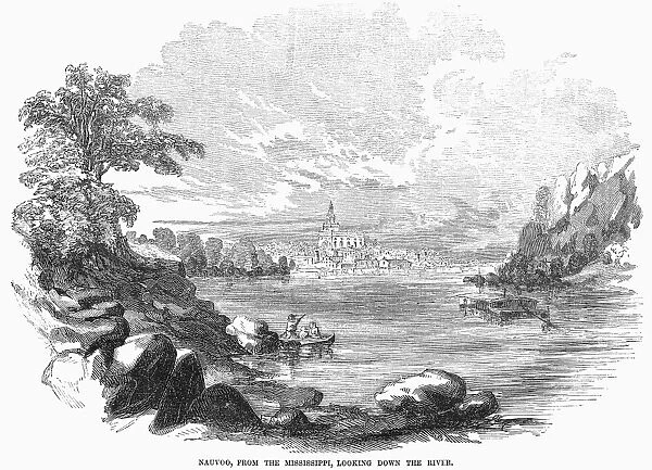 ILLINOIS: NAUVOO, 1854. View of Nauvoo, Illinois, from the Mississippi, looking down the river. Wood engraving, 1854