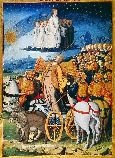 ILLUMINATION: PETRARCH. The Victory of Time over Glory [earthly souls pay homage to heavenly forces, before the ultimate reconciliation of heaven and earth]. Medieval illumination from Petrarch s