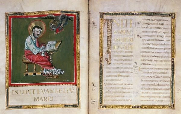ILLUMINATION: SAINT MARK. Illumination and text from the Quedlinburg gospels, German