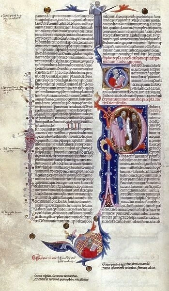 ILLUMINATION: SAINT PAUL. Initial T with bust of a man and initial P with Saint Paul