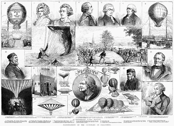 Illustration of the centenary of ballooning. Engraving, 1884