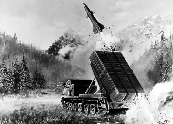 Illustration of a Lance II short range missile being fired, probably in Europe, c1980