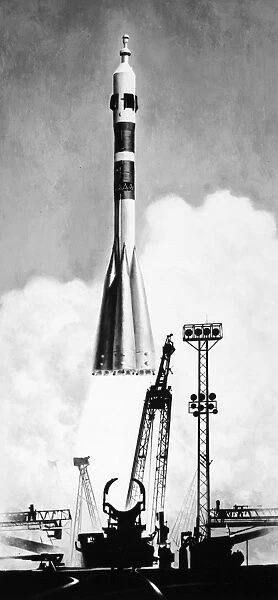 Illustration of a Soyuz rocket launching from the Baikonur launch complex near the Aral Sea in Kazakhstan, USSR. Illustration by Davis Meltzer, 1975