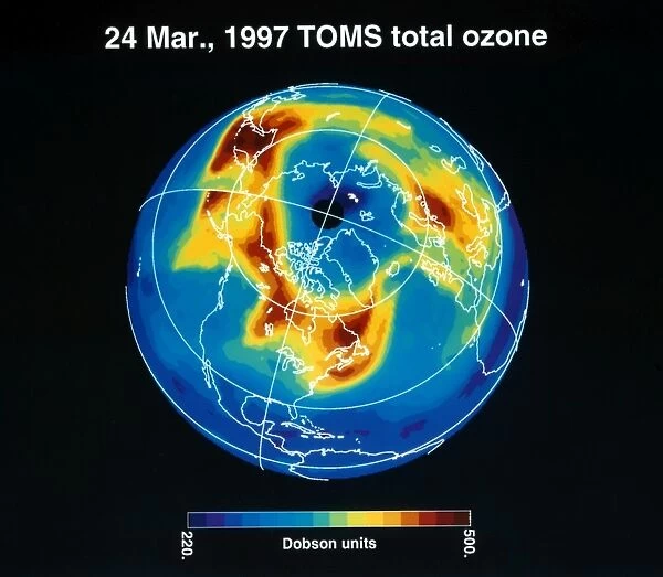 An image made by a Total Ozone Mapping Spectrometer (TOMS) on board a NASA satellite, 24 March 1997, showing the ozone over the Northern Hempisphere