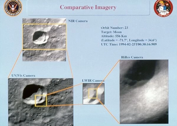 Images showing the different types of photography the spacecraft Clementine used during its lunar orbit mission, 1994. The types of cameras included Near Infrared (NIR), Ultraviolet-Visible (UV-VIS), Long-wavelength infrared (LWIR) and high resolution