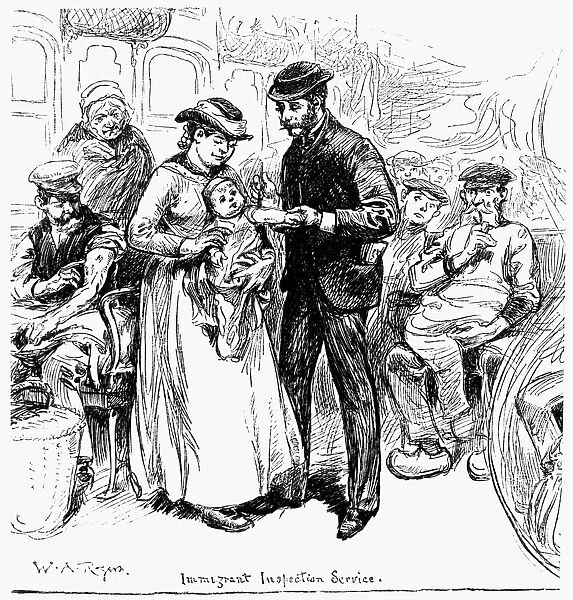 IMMIGRANT INSPECTION, 1883. An immigration inspector vaccinating an infant on a train to the American West. Wood engraving, American, 1883