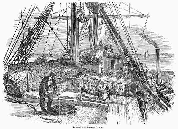 IMMIGRANT SHIP, 1850. English emigrant needlewomen aboard a ship to America. Wood engraving, 1850