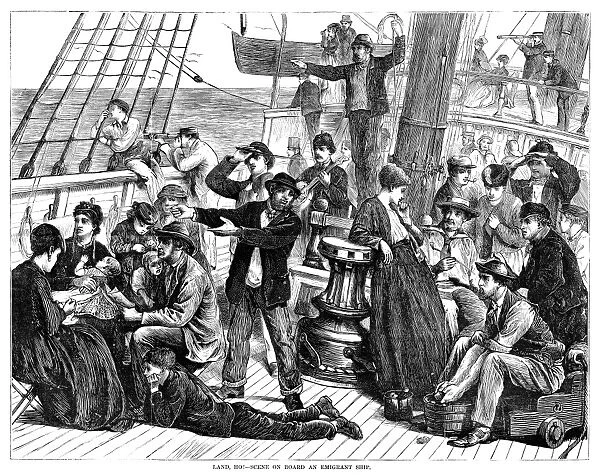 IMMIGRANT SHIP, 1871. Land, Ho! - Scene on Board an Emigrant Ship. Wood engraving