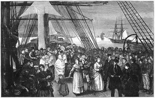 IMMIGRANT SHIP, 1875. Landing of an immigrant ship in America. Wood engraving, American