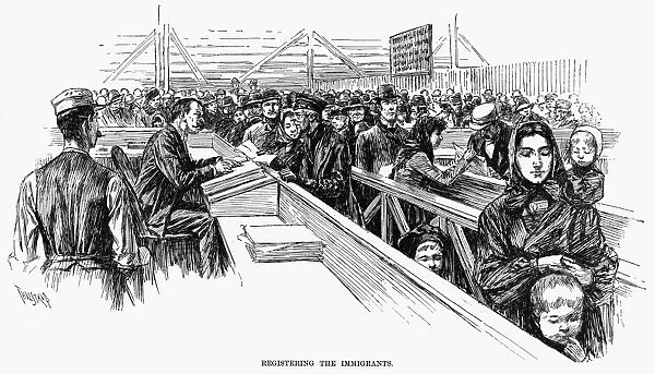 IMMIGRANTS, 1891. Registering the immigrants. Engraving, 1891