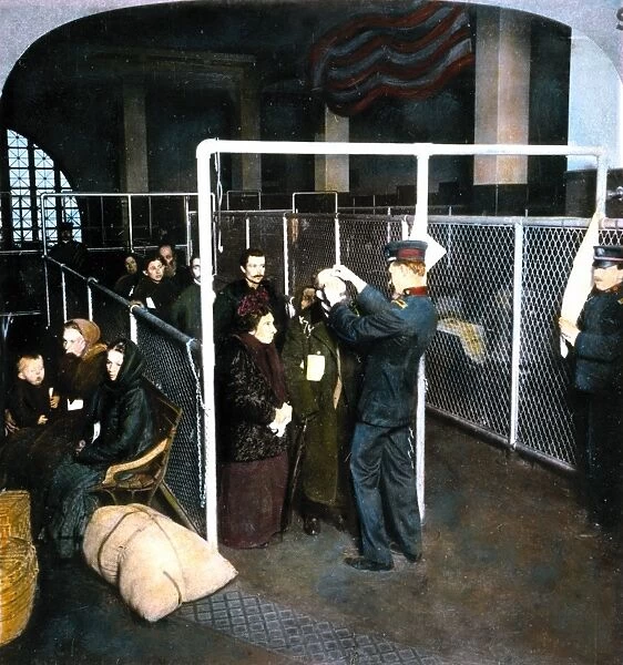 IMMIGRANTS: 1913. Federal medical inspector examining the eyes of immigrants at