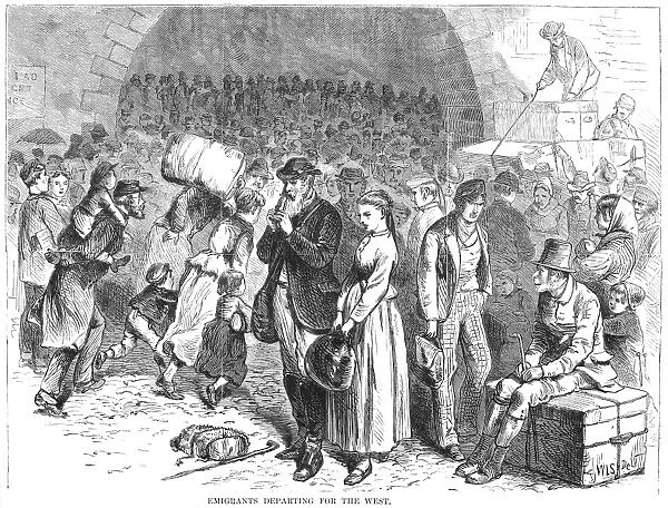IMMIGRANTS ARRIVING, 1871. Newly arrived immigrants departing for the west at the railroad depot at Beach and Varick Streets, New York City, in 1871. Wood engraving from a contemporary American newspaper