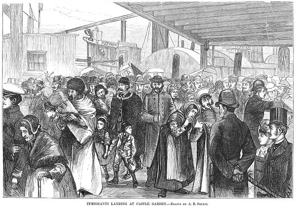 IMMIGRANTS ARRIVING, 1880. Immigrants arriving at Castle Garden, New York. Wood engraving from an American newspaper of 1880