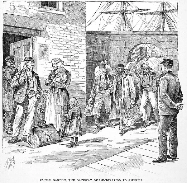 IMMIGRANTS: CASTLE GARDEN. Newly landed European immigrants leaving Castle Garden in New York City after having been admitted into the United States, c1885. Line engraving, American, 1892