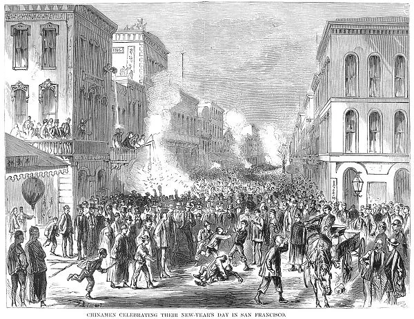 IMMIGRANTS: CHINESE, 1871. Chinese immigrants celebrating New Years Day in San Francisco, California. Wood engraving, American, 1871