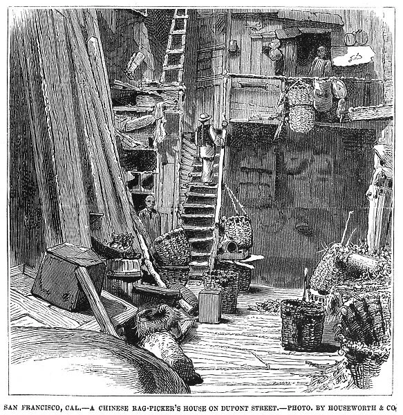 IMMIGRANTS: CHINESE, 1875. A Chinese rag pickers house in Dupont Street, San Francisco, California. Wood engraving, American, 1875