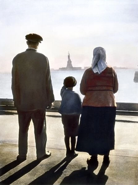 IMMIGRANTS: ELLIS ISLAND. Immigrants to the United States at Ellis Island. Oil over a photograph, c1920