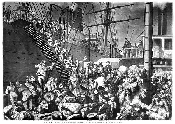 IMMIGRANTS: GERMAN, 1874. German immigrants to the United States on a riverboat at the port of Cuxhaven, from which they board a steamship out of Hamburg bound for New York, 1874. Contemporary American wood engraving