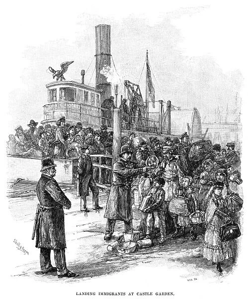 IMMIGRANTS LANDING, 1884. Immigrants landing at Castle Garden, New York. Line engraving from an American magazine of 1884