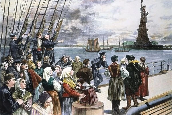IMMIGRANTS ON SHIP, 1887. Immigrants on the steerage deck of an ocean steamer passing the Statue of Liberty in New York Harbor. Color engraving, 1887