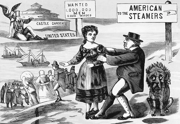 IMMIGRATION CARTOON, c1855. The Lure of American Wages. Cartoon, c1855, suggesting the comparatively high wage rates paid in the United States stimulated immigration from Europe. Wood engraving, c1855