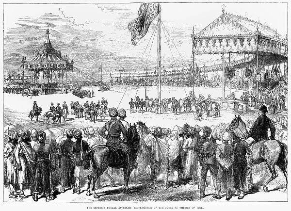 IMPERIAL DURBAR, 1877. Queen Victoria proclaimed Empress of India at the Imperial Durbar at Delhi in January 1877. Contemporary English engraving