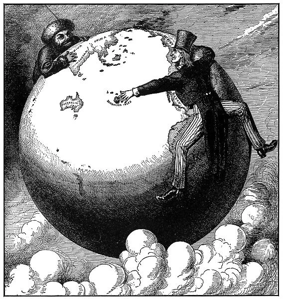 IMPERIALISM CARTOON, 1876. The Two Young Giants, Ivan and Jonathan, Reaching for Asia by Opposite Routes : American cartoon, 1876, by Frank Bellew occasioned by the United States signing a commercial pact with Hawaii and Russias expansion into China