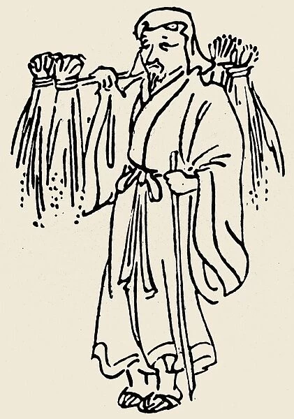 Inari, the rice bearer, the Japanese Shinto deity of agriculture and fertility. Line drawing