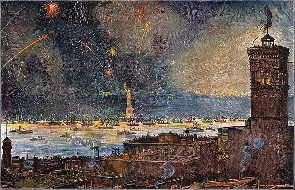 The inaugural ceremonies for the Statue of Liberty in New York Harbor on the night of 28 October 1886. Contemporary color engraving