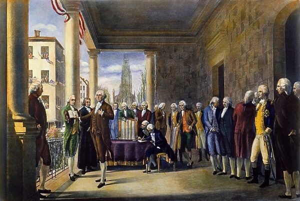 The inauguration of George Washington as the first President of the United States at Federal Hall, New York City, 30 April 1789. After a painting, 1889, by Ramon de Elorriaga