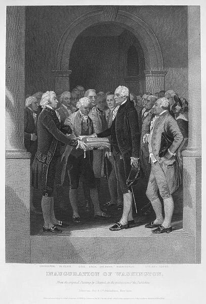 The inauguration of George Washington as the first President of the United States at Federal Hall, New York, 30 April 1789. Steel engraving, 1870