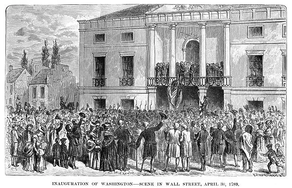 The inauguration of George Washington as the first president of the United States at Federal Hall, New York, 30 April 1789. Wood engraving, 19th century
