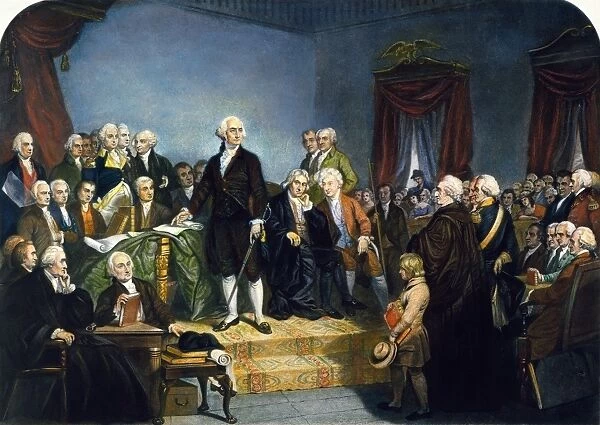 The inauguration of George Washington as the first president of the United States at Federal Hall, New York City, April 30, 1789: mezzotint, 1849